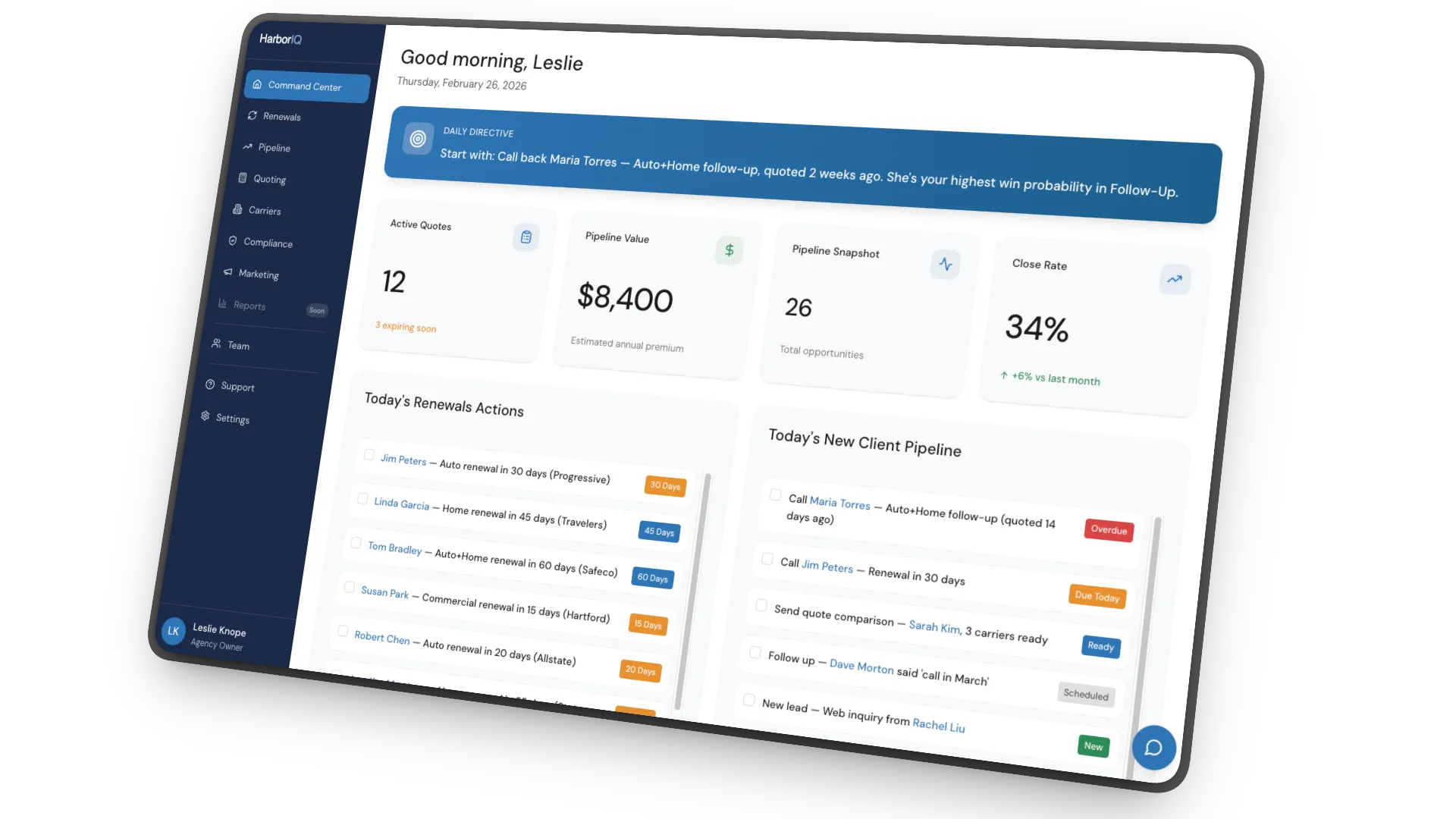 The HarborIQ command center: one calm screen with today's priorities, renewals, and pipeline