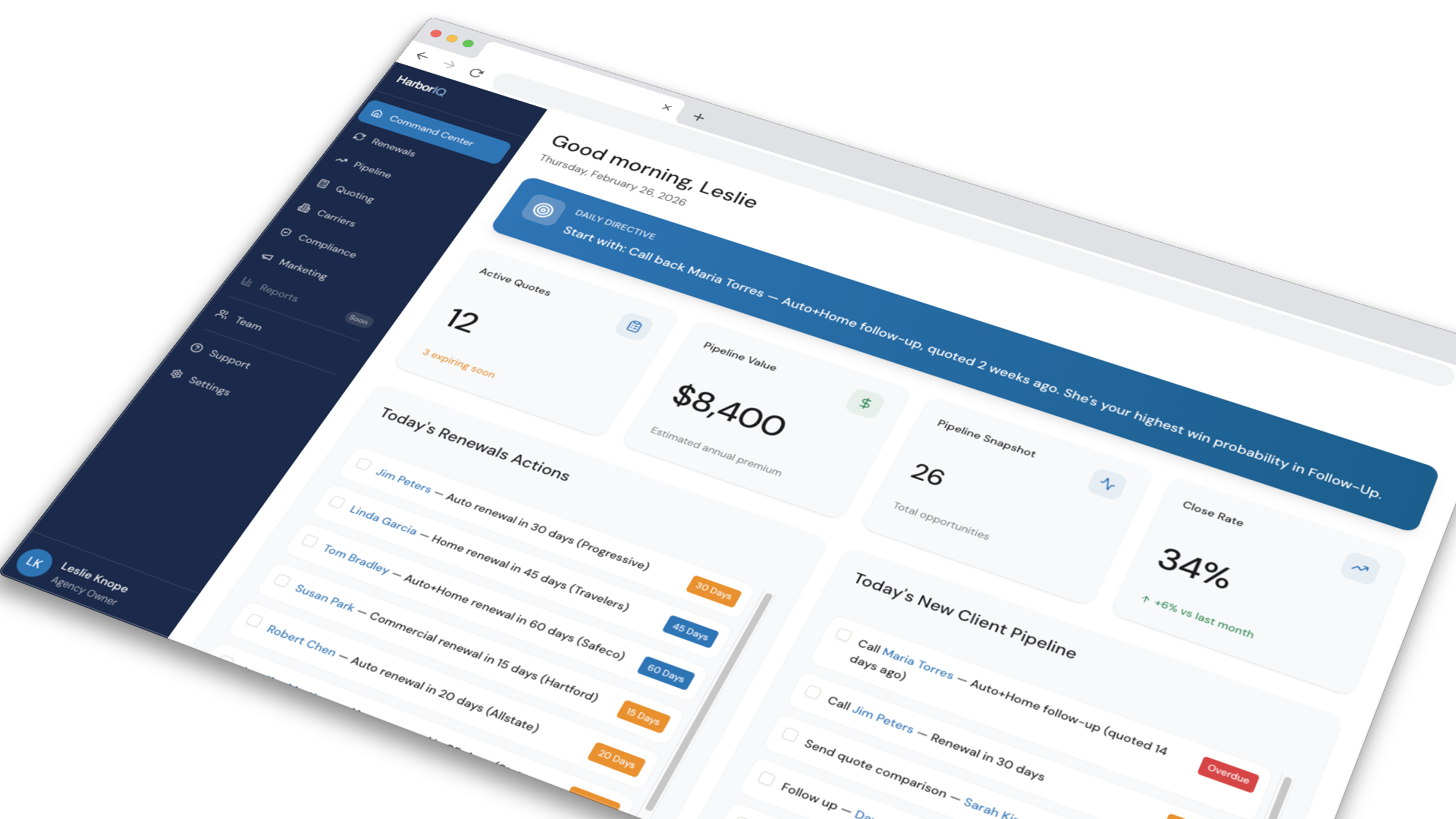 HarborIQ Command Center dashboard in browser