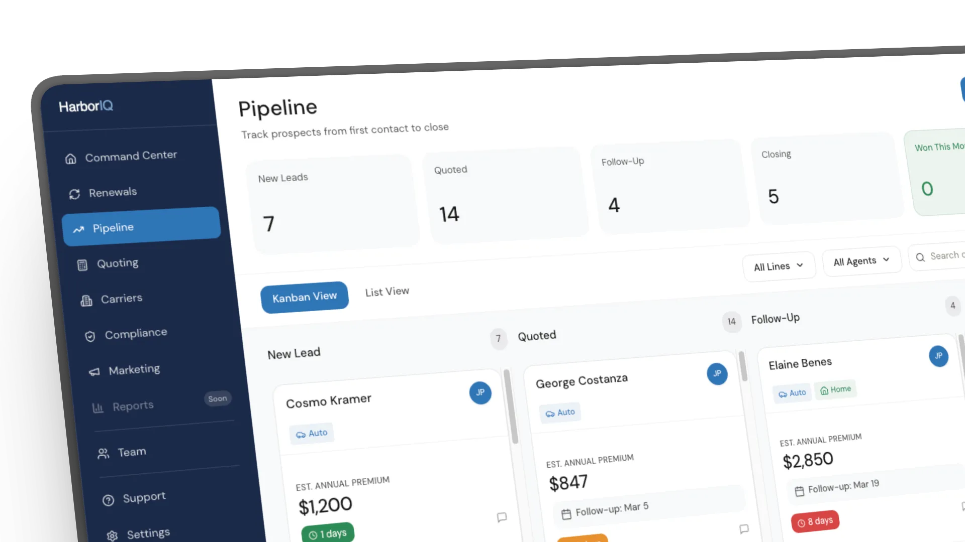 HarborIQ Pipeline CRM showing prospect stages from lead to bound policy