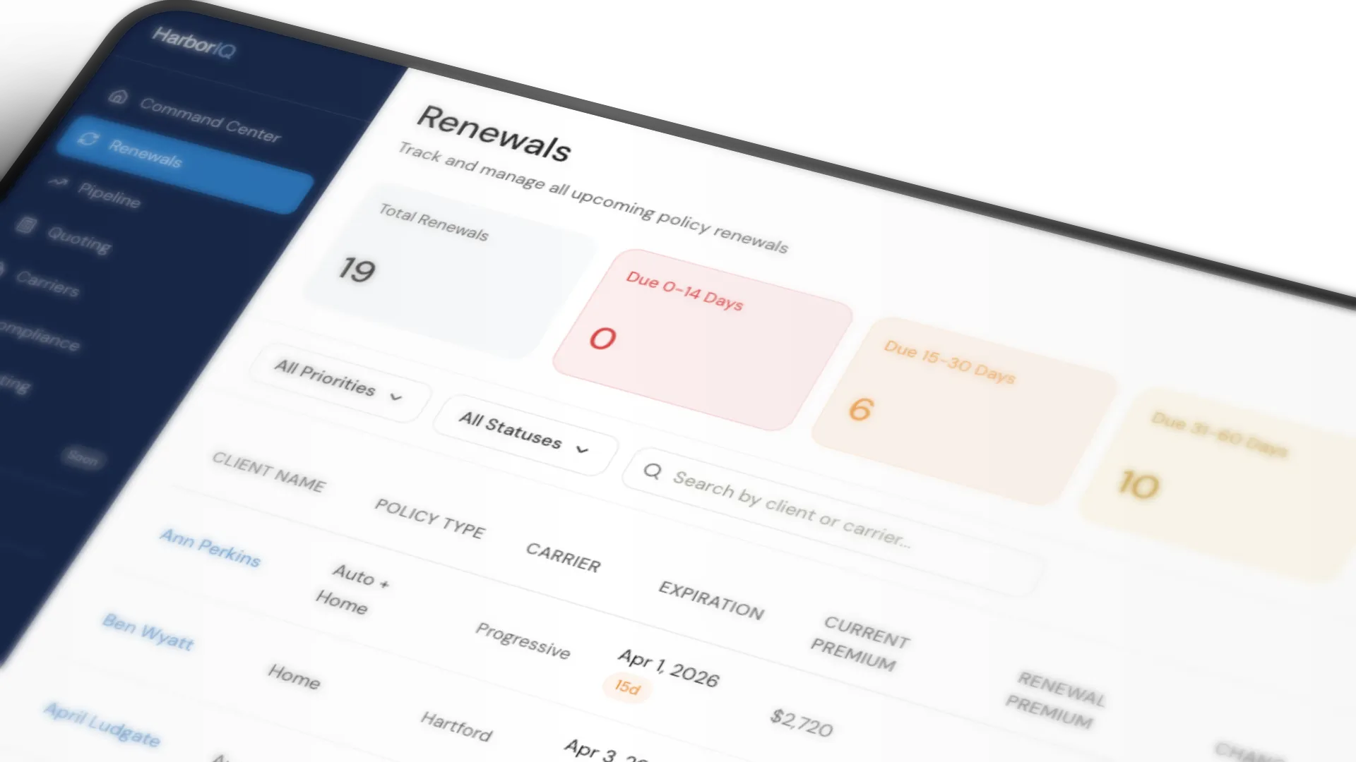 HarborIQ renewals dashboard showing upcoming policy expirations and priority actions